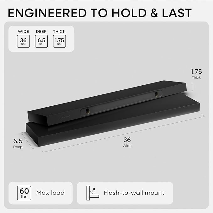 Homeforia Black Floating Shelves 36 inches Long, High End Solid Real Wood 36 inch Floating Shelf for Wall Mounted, Black Wooden 36in Floating Shelves, Heavy Duty Bracket, 36 X 6.5 X 1.75 in, Set of 2