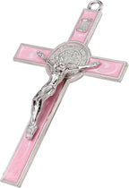 VINETEN Crucifix - Saint Benedict Crucifix Wall Cross Give Blessing and The Spiritual Sacred Pink Enamel Wall Cruciifx for Girl 5 Inch