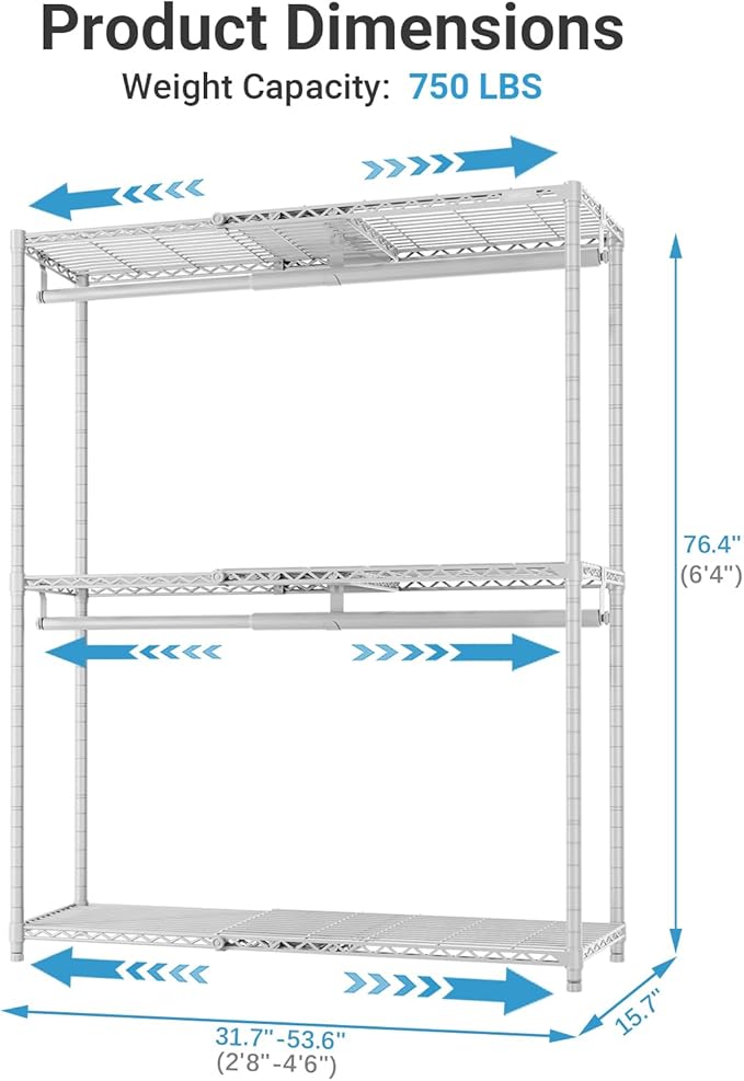 VIPEK X1 Plus Expandable Reach-in Closet Adjustable from 2'8" to 4'6" with Adjustable Shelves and Hanger Rods Clothes Rack Heavy Duty, Metal Clothing Racks Portable Walk-in Closet, White