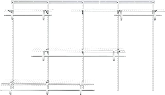 5-8 Ft Closet Organizer System, White Adjustable Custom Metal Wire Shelving Wall Mounted, Expandable Organization and Storage Shelf Kit with Hanging Rods