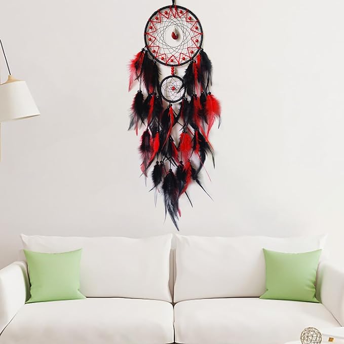 Black and Red Dream Catcher Wall Decor Feather Dream Catchers with Pendant Handmade Dreamcatcher Wall Hanging Ornament for Bedroom Living Room Home Decor