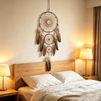 Bohemian Brown Dream Catcher with Moon Accent, Multi-Rings & Natural Feathers – Handmade Native American Style Wall Decor for Bedroom, Living Room, Boho Home Decoration & Gift(Brown 3 Rings)