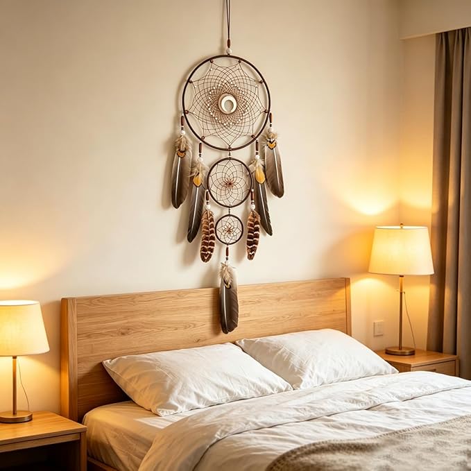 Bohemian Brown Dream Catcher with Moon Accent, Multi-Rings & Natural Feathers – Handmade Native American Style Wall Decor for Bedroom, Living Room, Boho Home Decoration & Gift(Brown 3 Rings)