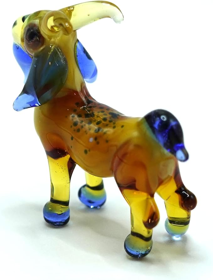 Goat Micro Tiny Figurines Hand Blown Glass Art Animals Collectible Gift Home Décor (Amber Blue)