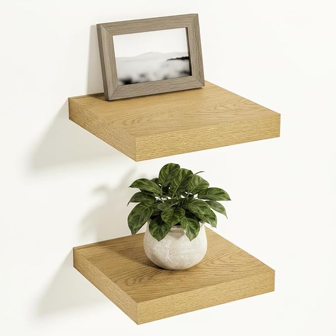 Vivelove 12 Inch Deep Floating Shelves 12 inch Long, Over Toilet Shelf with Invisible Brackets, Shelf for Bedroom Bathroom Living Room Kitchen Office, Rustic Farmhouse Decor, 12x12x1.5 Set of 2, Oak