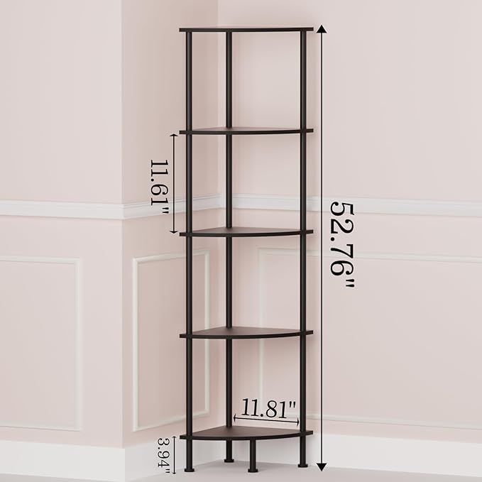 5-Tier Corner Shelf Stand, 52" Industrial Corner Display Rack for Living Room, Bookshelf, Tall Display Shelf, Plant Stand, Storage Standing Shelf for Bedroom, Bathroom, Kitchen, Black