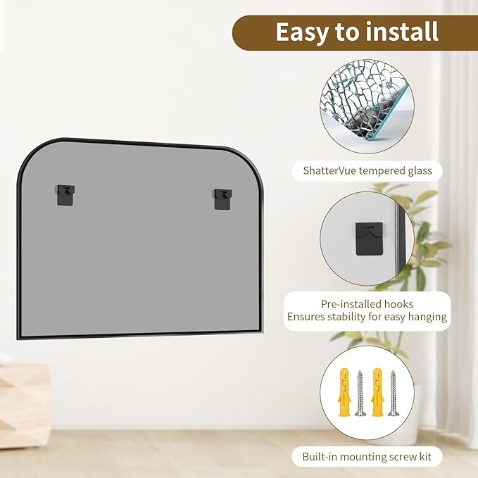 Black Wall Mounted Bathroom Mirror - 36 x 24 Inch Round Cruved Top Right Angle Bottom Wall Mirror, Aluminum Metal Framed, Decor for Living Room, Bedroom, Fireplace, Mantle, Entryway