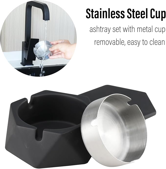 FREELOVE Concrete Ashtray with Lid & Stainless Steel Ashtrays for Cigarettes, Cement Ash Tray Smoking Holder Indoor Smokeless Outdoor Windproof Patio Home Office Cool Decor(Black, Small)