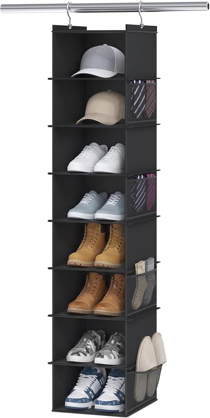 YOUDENOVA Upgraded Extra Wide Hanging Shoe Organizer for Closet, 8-Shelf Storage Organizer with 8 Side Pockets, Hanging Shoe Rack for Hats Clothes Jeans, Black
