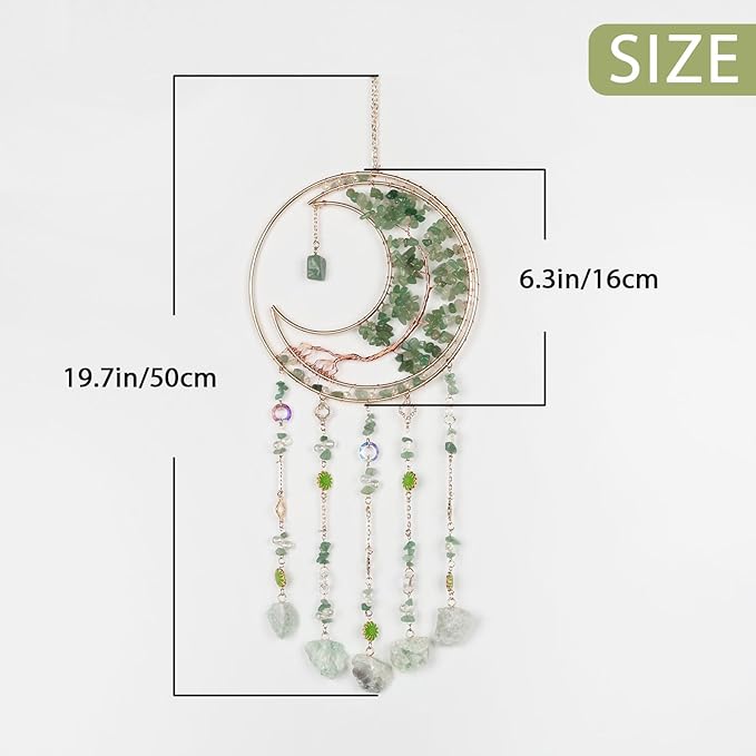 Green Gemstone Dream Catcher 7 Chakras Tree of Life Moon Dream Catchers with Healing Crystal Stones Handmade Suncatcher Dreamcatcher Wall Decor for Adults Living Room,Bedroom,Garden,Bless Gift