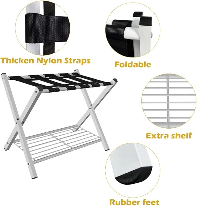 mocomax 1 Pack Folding Luggage Rack for Guest Room, Foldable Suitcase Stand Holder with Metal Storage Shelf for Bedroom, Living Room, Hotel Essentials, Heavy Duty Steel Frame, White