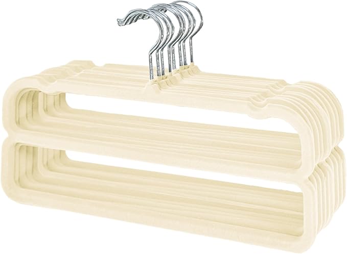 VSV stoage Velvet Pants Hangers with Double Non Slip Bar - Multiple Velvet Hangers for Closet - Thin Space Saving Clothes Hanger - 360° Swivel Felt Trouser Hanger Perchas Terciopelo 10 Pack (Beige)