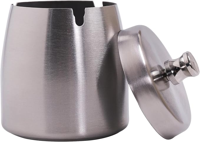 Small Ashtray with Lid for Cigarette, Stainless Steel Smokeless Odorless Windproof Ashtrays for Home Office Tabletop Outside Patio Outdoor Balcony(2.99"x2.68"x2.95")