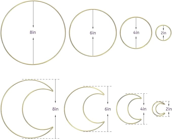 8Pcs Gold Macrame Dream Catcher Rings Metal Hoops DIY Floral Macrame Hoop for Wall Hanging Crafts 4 Size Wreath Ring for Wedding Wreath Decor (Circle and Moon)