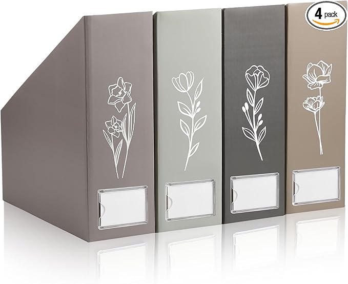 AmazingSpark Set of 4 Boho Floral Magazine File Holder Decorative Foldable Magazine Storage Boxes with Acrylic Label Holders Coquettish Boho Organizer for Office Home Organization Storage