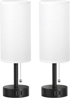Fenmzee White Bedside Table Lamps Set of 2-3 Color Temperatures Pull Chain Lamp with AC Outlet Charging Port, Round Night Stand Lamps for Bedroom Office, Small Bed Side Light with E26 LED Bulbs