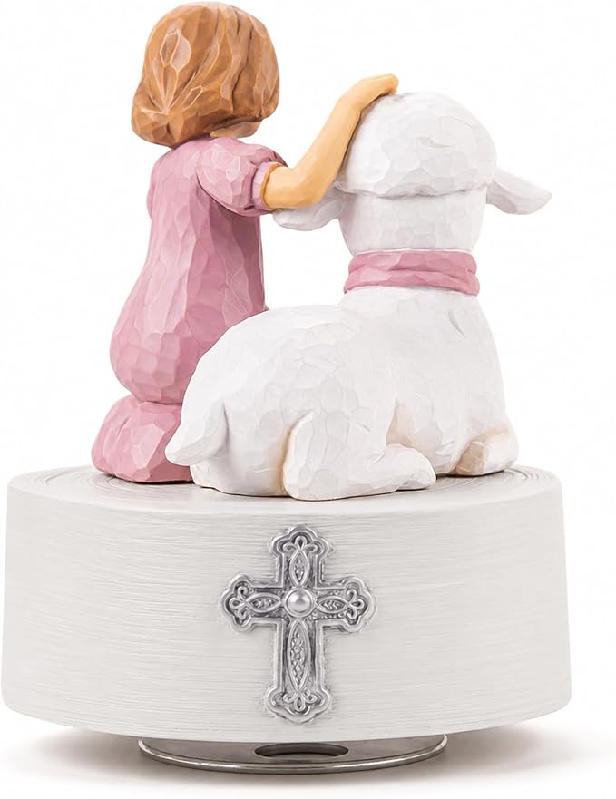 AIDLNS Jesus Loves Me Music Box, Christian Baptism Gift for Girls, Hand-Painted Lamb Figurine, Religious Keepsake for Christening, First Communion, Easter, Christmas, Granddaughter & Goddaughter Gift