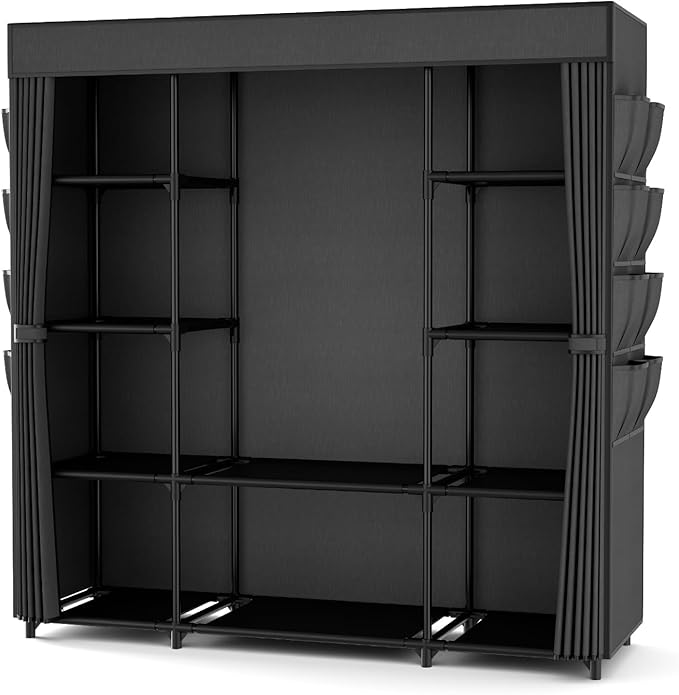 Portable Closet for Hanging Clothes 57.3 Inch Large Capacity Wardrobe Closet with Cover, 8 Pockets and 1 Hanging Rod, Easy Assembly Closet Organizer for Bedroom, Black