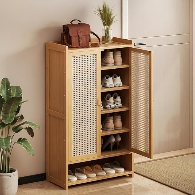 SACSTAR Shoe Storage Cabinet 23.6" L x 12.6" W x 36.6" H Compact Entryway Shoe Rack with 2 Doors & 5 Shelves, Natural Bamboo & Rattan Design Ideal Shoe Organizer for Small Spaces