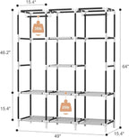 VTRIN Portable Closet Wardrobe for Hanging Clothes with 2 Hanging Rods and 8 Storage Organizer Shelves,Sturdy Large Wardrobe Closet for Bedroom Free Standing Clothes Rack with Cover,Grey