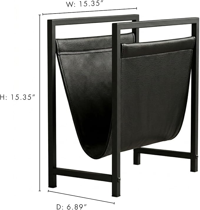 Modern Magazine Rack for Living Room and Office | Freestanding Metal and Leather Magazine Holder | Contemporary Storage Organizer for Books, Newspapers | Minimalist Home and Lounge Decor (Black)