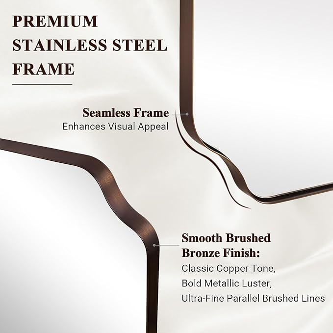 ANDY STAR 30"x48" Brushed Bronze Rectangle Mirror, Large Scalloped Bathroom Mirror in Premium Stainless Steel Frame, Timeless Shape with Unique Flair, Ideal for Home Remodel (Vertical/Horizontal)