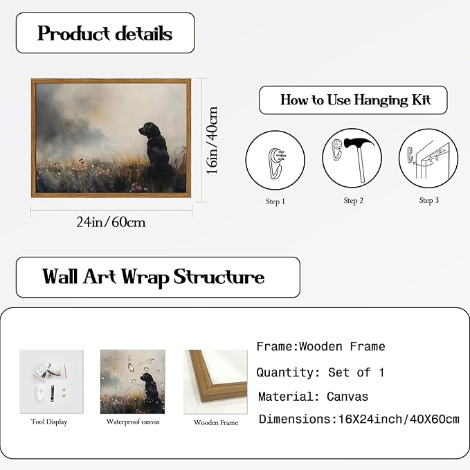 Framed Vintage Black Dog Canvas Wall Art, Rustic Hunting Dog in Wildflower Meadow Pictures Wall Decor, Farmhouse Animal Nature Paintings Prints Home Decor for Living Room Bedroom 16x24 inch