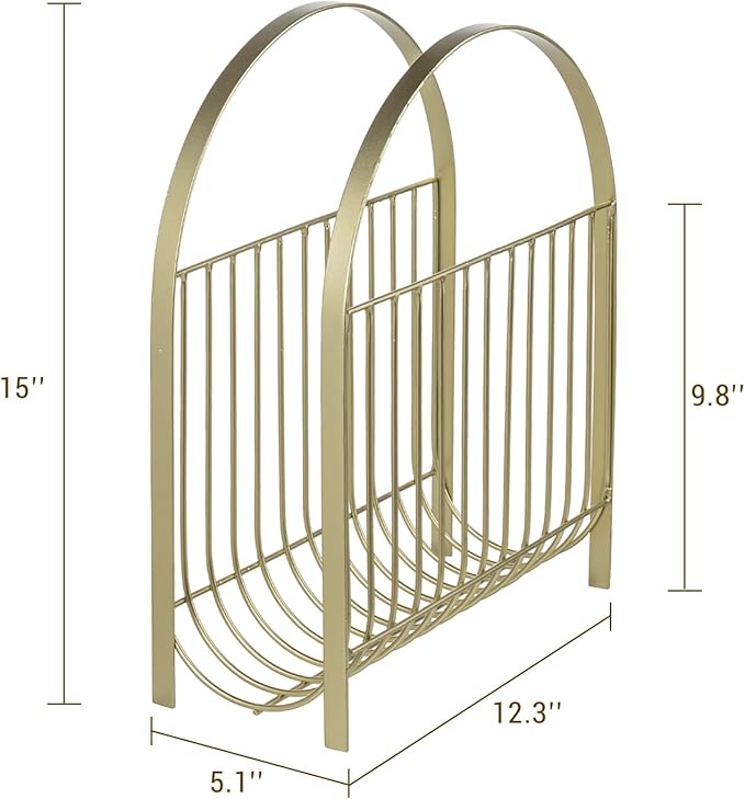 MyGift Deluxe Mid Century Brass Tone Metal Wire Magazine Holder Rack, Table or Floor Display Newspaper Stand Storage Sling for Magazines and Vinyl Record Albums