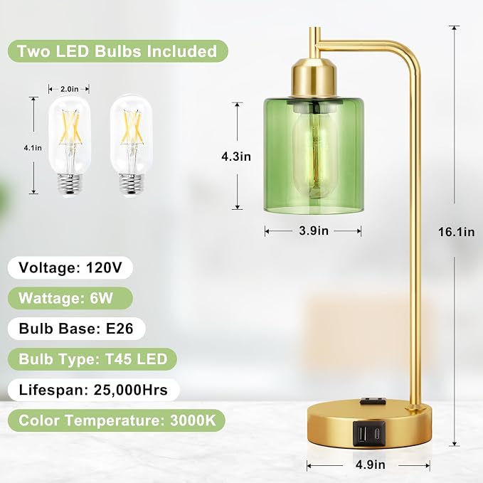 Innqoo Industrial Green Table Lamps for Bedrooms Set of 2-3-Way Dimmable Desk Lamp with USB C+A Ports and Outlet, Gold Lamps with Green Glass Shade for Living Room