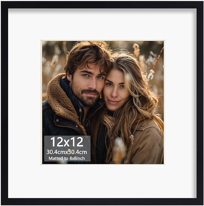 Rempry 12x12 Picture Frame, Display Pictures 8x8 with Mat or 12x12 Without Mat, Wall Hanging or Tabletop Photo Frame with Shatter Resistant Plexiglass, Black, 1 Pack
