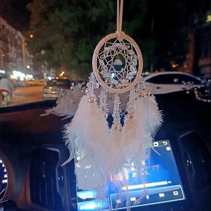 Dream Catcher for car,car Decorations for Women,Feather Dream Catcher Crystal Charm Bling Deco Accessories Hanging Ornaments,Christmas Hanging,Xmas Gift for Girl (White)