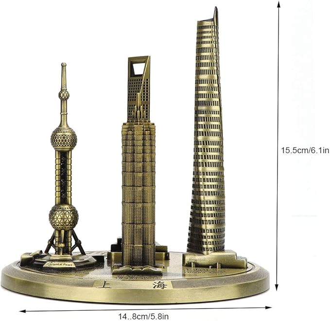 Shanghai Building Collection Model Set, Oriental Pearl Tower and Jin Mao Financial Center Souvenir, Electroplated Bronze Gold Metal Architecture Miniatures for Office Home Decor (Bronze-Large)