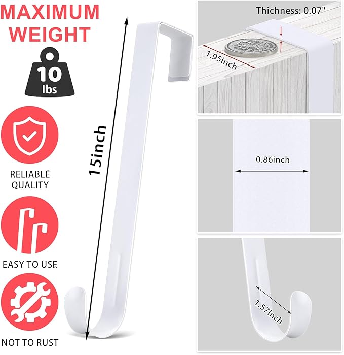 12” Metal Over The Door Wreath Hanger for Front Door – Non-Scratch Door Hook for Hanging Christmas Wreaths, Holiday Decor & Welcome Signs, Durable Wreath Hanger Hooks for Home Decoration, White