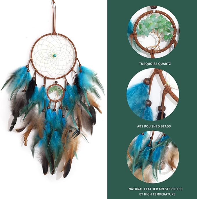 Dream Catcher Blue Tree of Life with Feathers, Handmade Indians Traditional Circular Net for Wall Hanging Decor, Bedroom Kids, Home Decoration Wedding Party Blessing Gift
