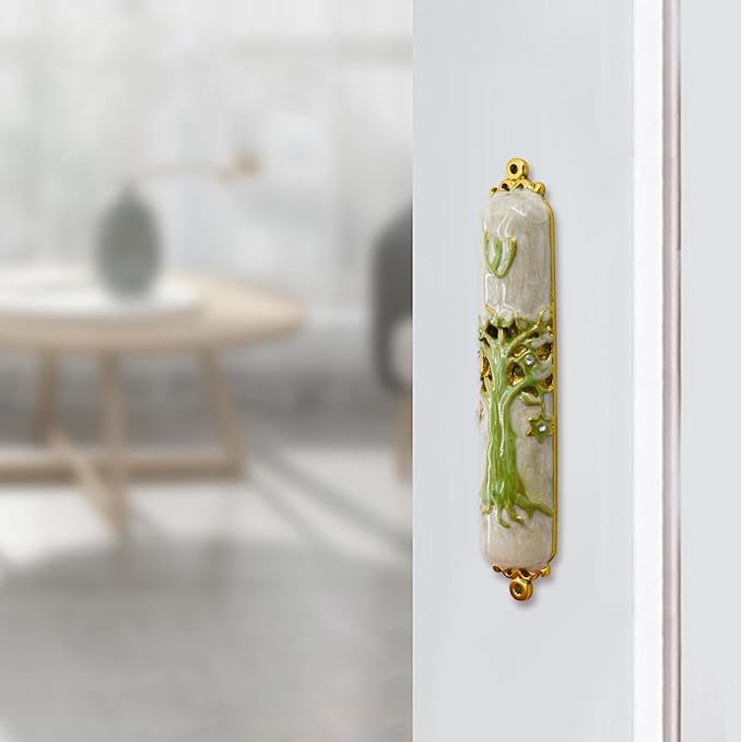 Mezuzah with Scroll for Door, Enamel&Zinc Alloy Blessing Mezuzah Case for Door, Colored Painted Mezuzha Scroll Kosher for Jewish Gifts/Jewish Decor, Christmas (Green)