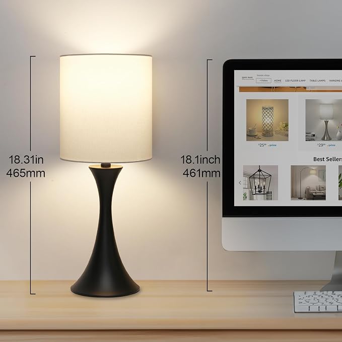 Seaside village 3 Way Touch Control Table Lamp, Modern Bedside Lamp for Bedroom, Dimmable Black Nightstand Lamp White Shade Desk Reading Light for Living Room Office Dorm, 3000K LED Bulb Included