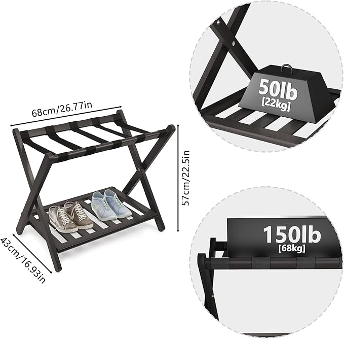 Smuxee Fully Assembled Black Luggage Racks Pack of 2, Upgraded Bamboo Foldable Suitcase Stand with 5 Nylon Straps, Luggage Holder with Shelf for Guest Room Bedroom Hotel