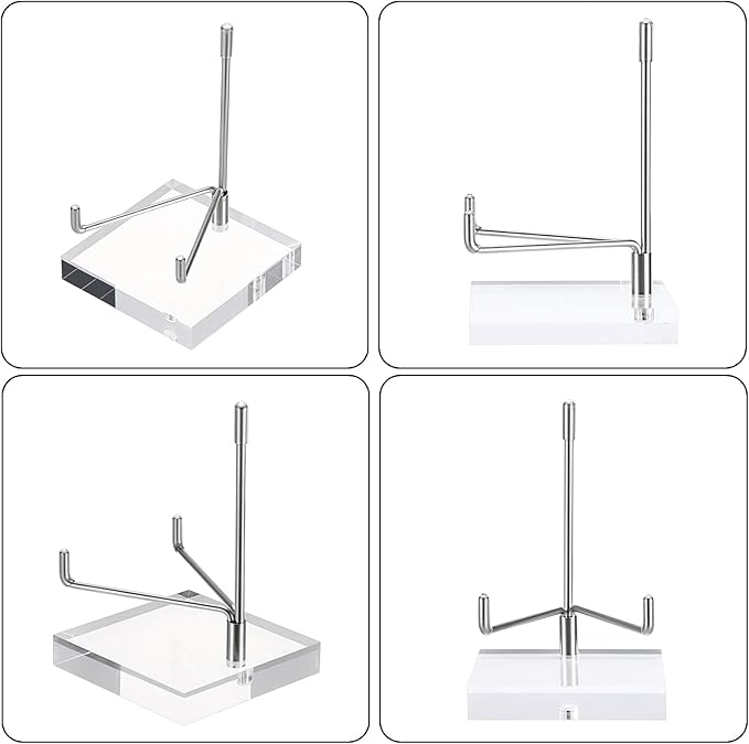 Hipiwe Clear Acrylic Display Stand Holder with Adjustable Metal Arms Display Easel Stands for Gemstones Fossils Minerals Agate Slabs Plates Crystals Saucers Collectibles, 3.1x3.1x4.9 inch