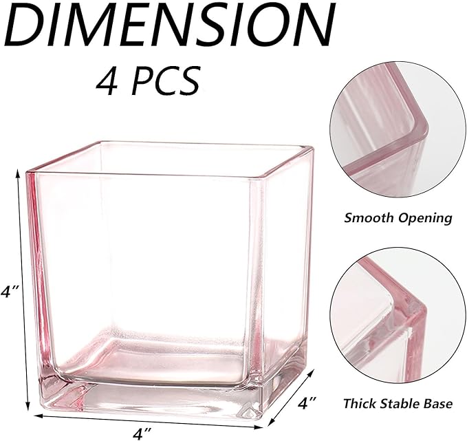 Square Glass Vases Set of 4, 4"x 4"x 4" Flower Vases for Centerpieces, Pink Glass Vase for Flowers, Small Vase for Wedding, Party, Home Office Decoration