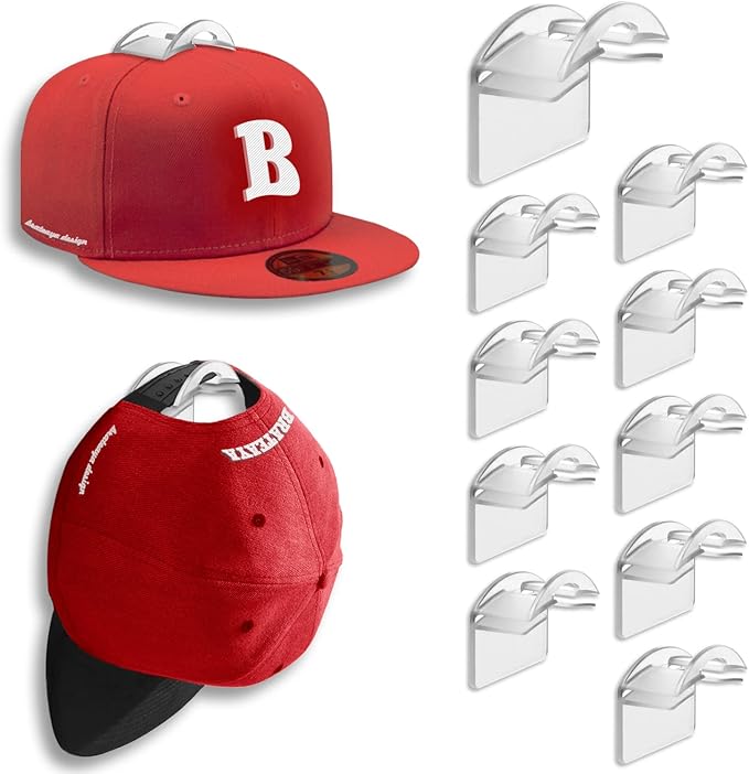Hat Hangers for Wall, Stronge Adhesive Hat Holders Display, No Driling Caps Holder Organizer, 10 Pack Hat Hook for Baseball Caps, Wall Mounted Cap Rack, Clear
