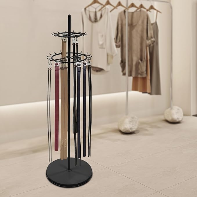 Belt Display Stand with 31 Hooks – Black Steel Double-Tier Tie & Scarf Organizer, 66.1" Tall, Heavy Duty Rotating Rack for Belts, Ties, Scarves, Home, Closet, Boutique, Clothing Store