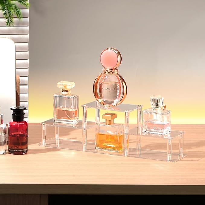 Clear Acrylic Display Risers Stand Shelf, Acrylic Stands Display Holder for Figures, Collectibles, Toys and Dolls,Perfumes Risers Display Stand for Decorating & Organizing (3 Tier/Model 2)