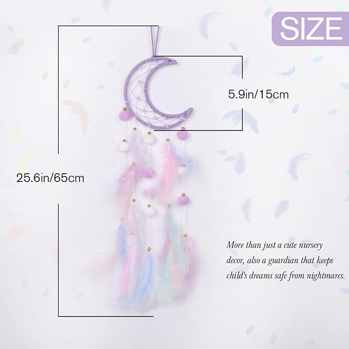 Pretty Jolly Purple Moon Kids Dream Catcher Wall Decor Pompom Feather Baby Dreamcatcher Handmade Children Dream Catcher Home Décor Wall Hanging for Nursery Bedroom Boys Girls Birthday Gift-25.6in