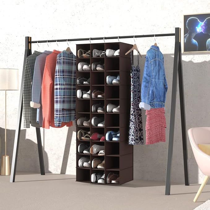 coastal rose Hanging Shoe Closet Organizer, 30 Sections Hanging Closet Organizers and Storage Shelves, Space Saving Shoe Rack Holder Hanger, Coffee