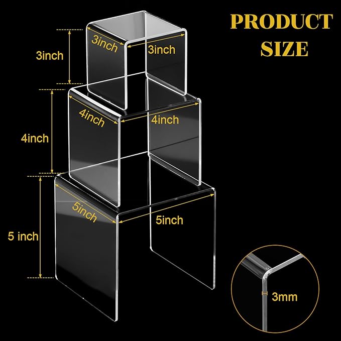 Chuangdi 2 Sets Acrylic Display Risers, Product Stand, Jewelry Display Riser Shelf Showcase Fixtures for Dessert Cupcake Candy Figure Treat Action Showcase(Clear,Medium Set)