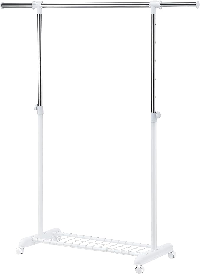 LiaMeE Adjustable Clothing Rack for Hanging Clothes, Heavy Duty Garment Rack with Wheels，Free Standing Rolling Clothes Rack with Shelf & Grid, Easy Assembly Standard Rod, White & Chrome