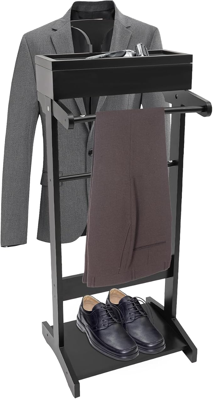 Clothing Rack with Top Tray,Tall Closet Storage Organizer Suit Valet Stand for Man,Steamer Stand Dresser Hat Holder,Tie & Belt Hooks and Shoe Rack for Entryway Office Living Room (black)