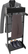 Wood Suit Rack, 22.05 Lbs Wooden Clothes Valet Stand, Freestanding Clothing Valet Stand Suit with Non-slip Base & Drawer for Bedrooms Living Rooms Hallways (Black)