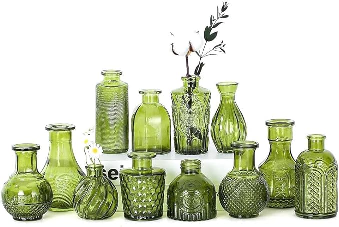 Mini Bud Vases Centerpieces for Tables,Clear Bud Vases for Flowers,Small Flower Vases Suitable for Birthday Party,Anniversary,Wedding Reception,Baby Shower (Green, 12PCS)