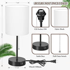 Table Lamps Set of 2 with USB Charging Ports, White Bedside Lamps with AC Outlet, Nightstand Lamps with Pull Chain Switch, Minimalist Modern Desk Lamps with Fabric Shade for Living Room Bedroom Office